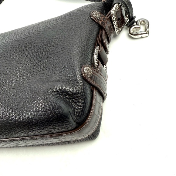 Brighton Handbag Black Brown Leather Shoulder Bag Purse Bag Charm Silver Accent - Picture 6 of 16